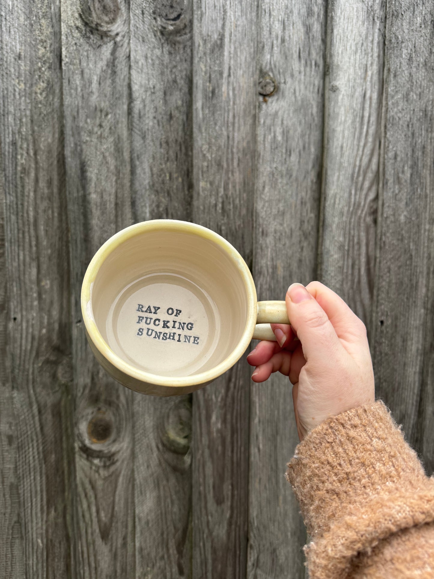 'RAY OF FUCKING SUNSHINE' Stamped mugs