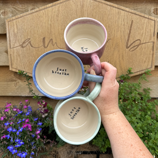 'JUST BREATHE' Stamped mugs